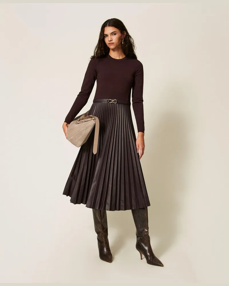 Twin-Set Langes Strickkleid mit Lederoptik Kaffeeschokolade