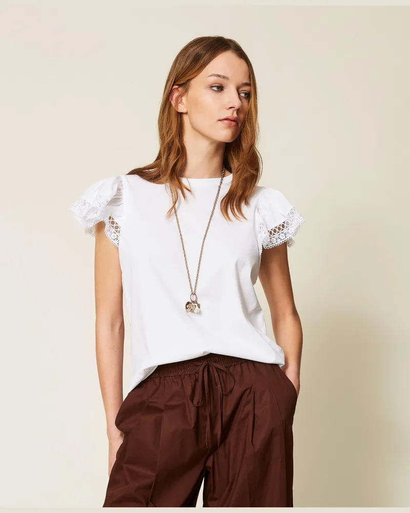 Twin-Set T-Shirts - T-Shirt in Regular-Fit mit Spitze, Weiß, Größe Weiß