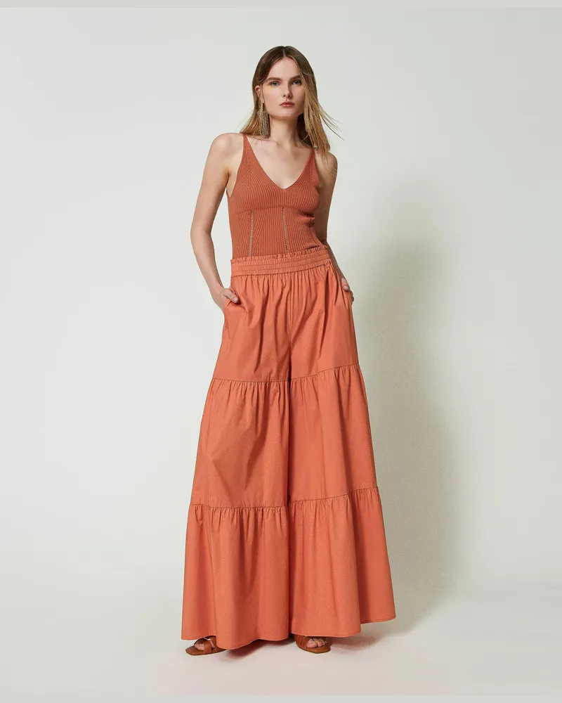 Twin-Set Hosen - Wide-Leg-Hose aus Popeline, „Canyon Sunset"-Orange, Baumwolle, Größe „canyon