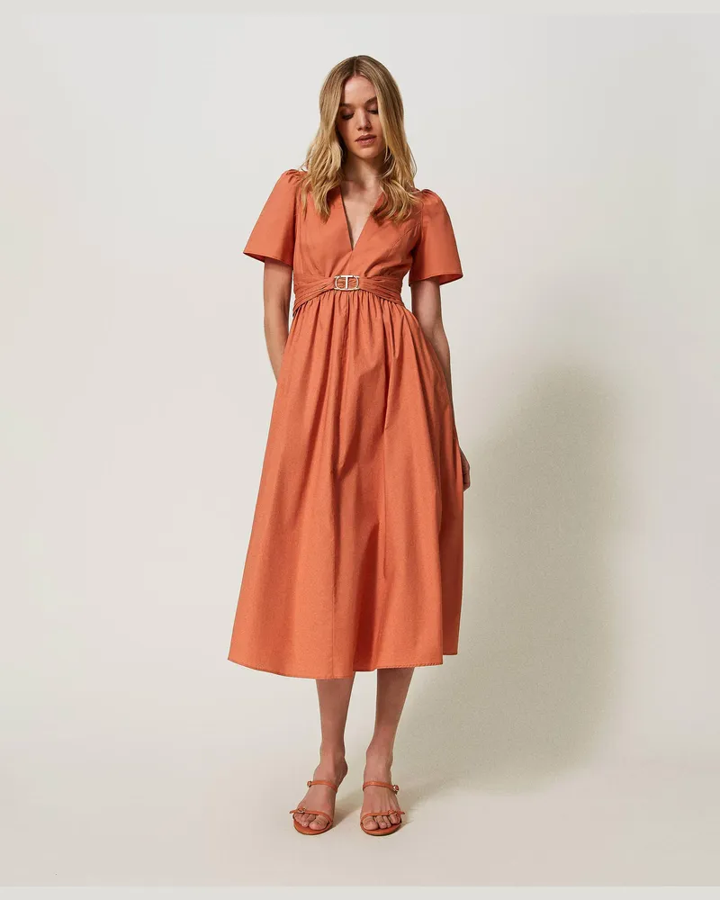 Twin-Set Kleider - Midikleid aus Popeline mit Oval T, „Canyon Sunset"-Orange, Baumwolle, Größe „canyon