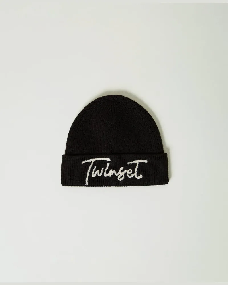 Twin-Set Accessoires - Strickmütze mit Sticklogo, Schwarz, Einheitsgröße Schwarz