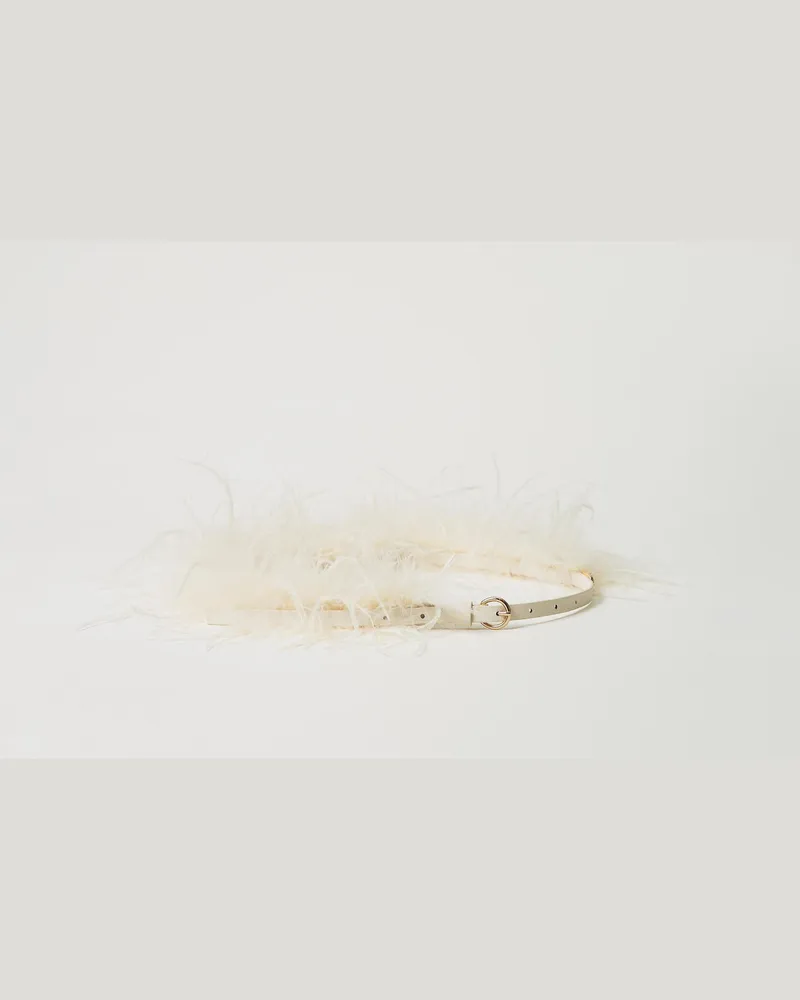 Twin-Set Accessoires - Gürtel mit Federn und Oval T, „Old White", Größe „old