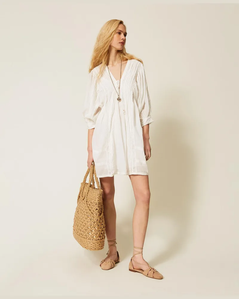 Twin-Set Kleider - Kurzes Kleid aus Musselin mit Spitze, Mattweiß, Größe Mattweiß