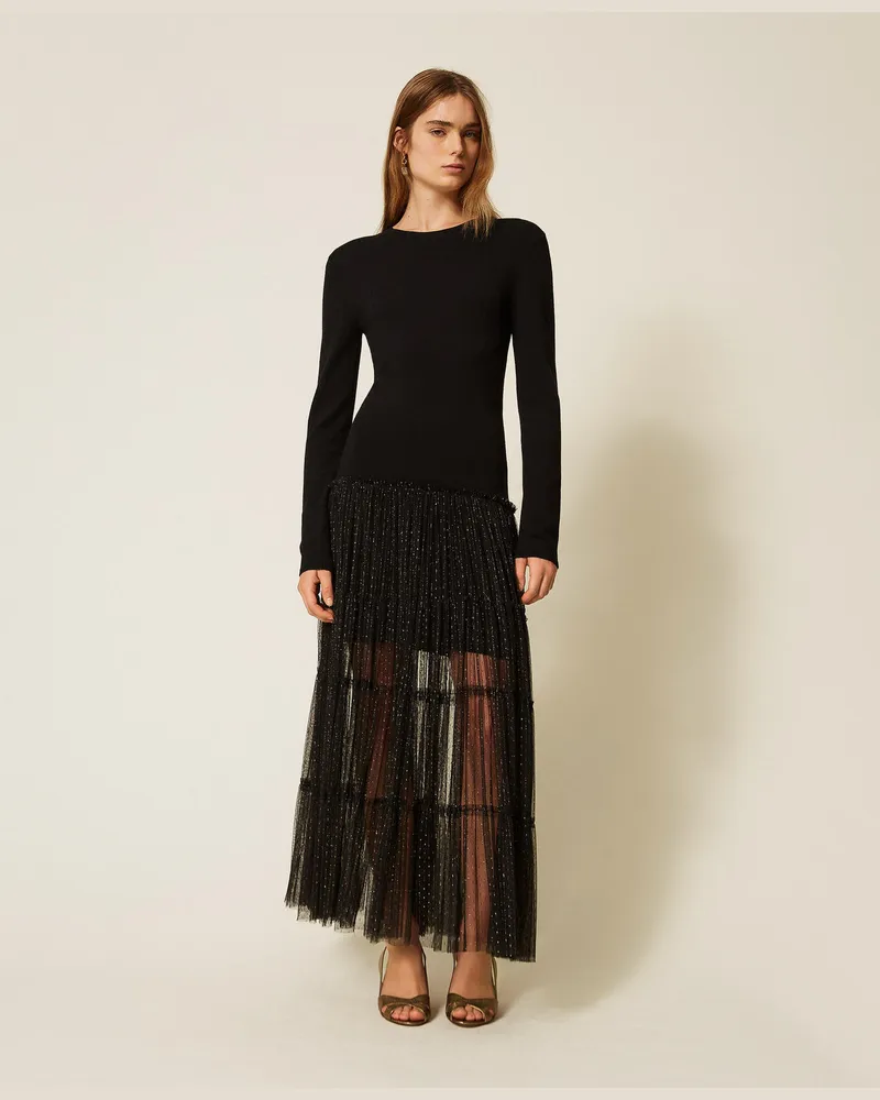 Twin-Set Langes Strickkleid mit Plumetis-Tüll Schwarz