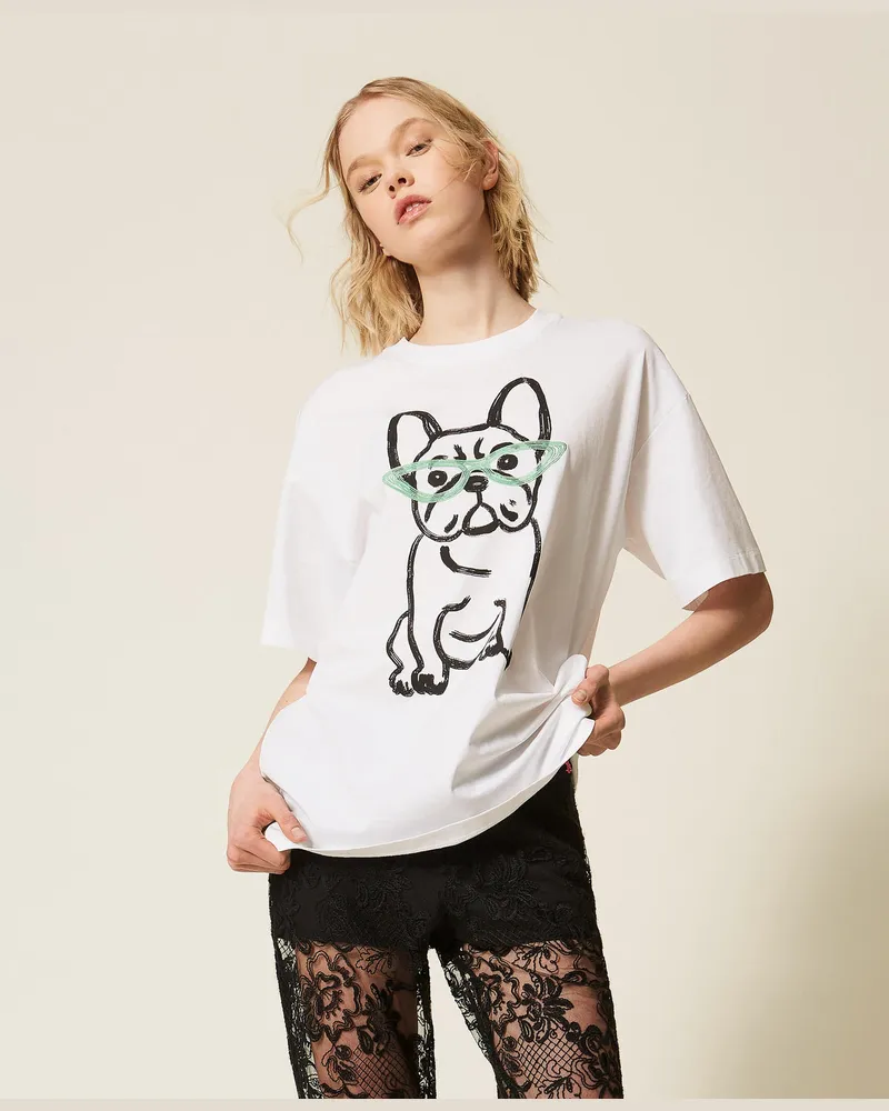 Actitude by Twinset T-Shirts - MYFO Oversized-T-Shirt mit Print und Stickerei, Papers Bulldog, Baumwolle, Größe Papers