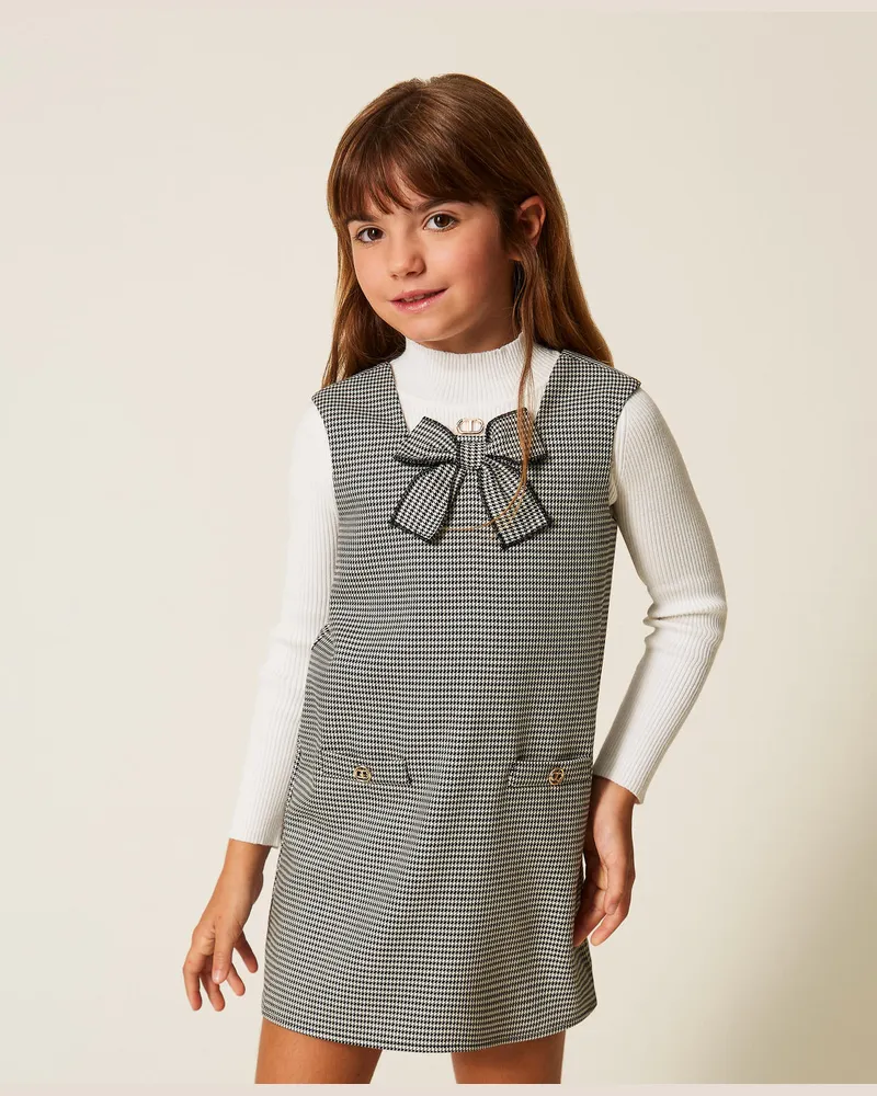 Twin-Set Kleider - Kurzes Mädchenkleid mit Hahnentrittmuster, Hahnentrittmuster Off White / Schwarz, Kariert, Größe Hahnentrittmuster