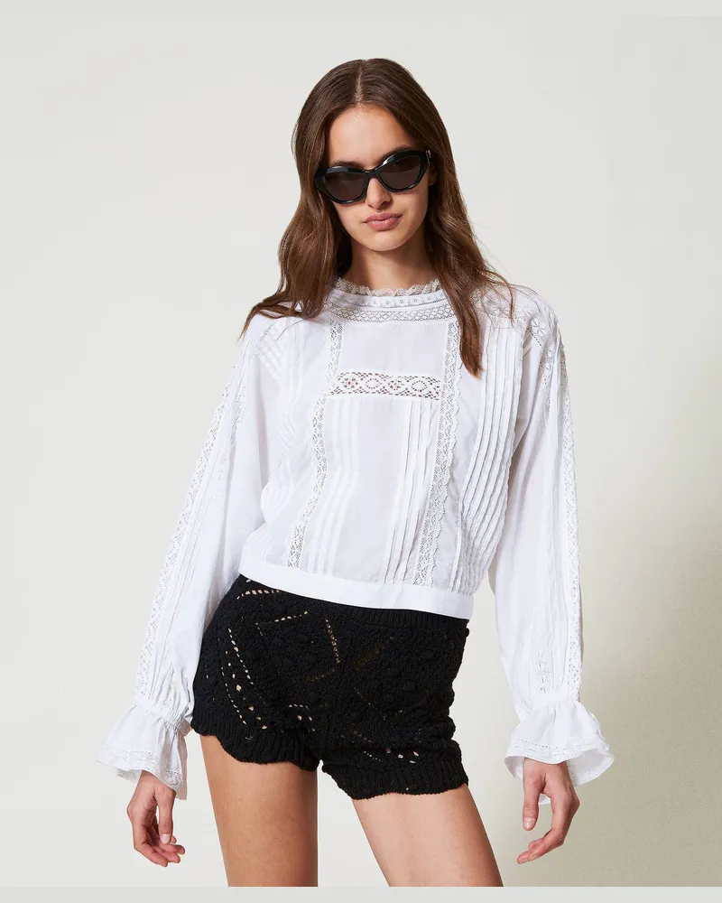 Twin-Set Blusen - Bluse aus Musselin mit Stickerei, Weiß Schnee, Spitze, Größe Weiß