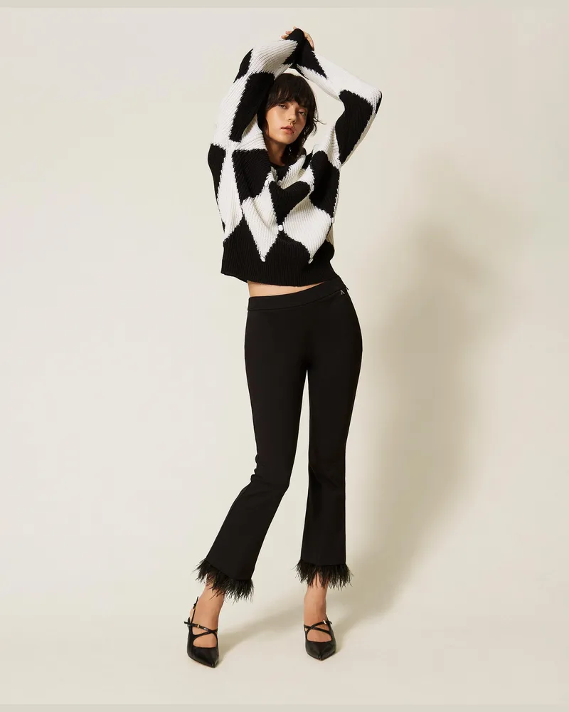 Twin-Set Flared-Hose mit Federn, Damen, Schwarz Schwarz