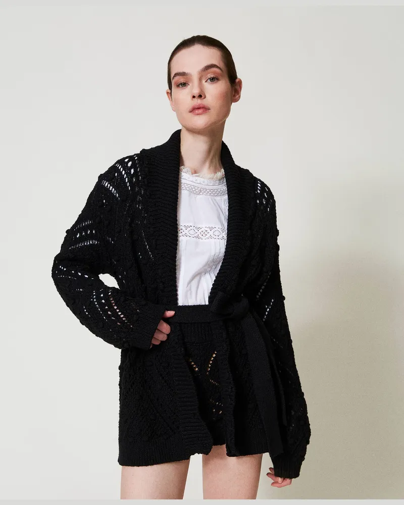 Twin-Set Cardigans - Strickcardigan mit Lochmuster und Gürtel, Schwarz, Baumwolle, Größe: XXL 