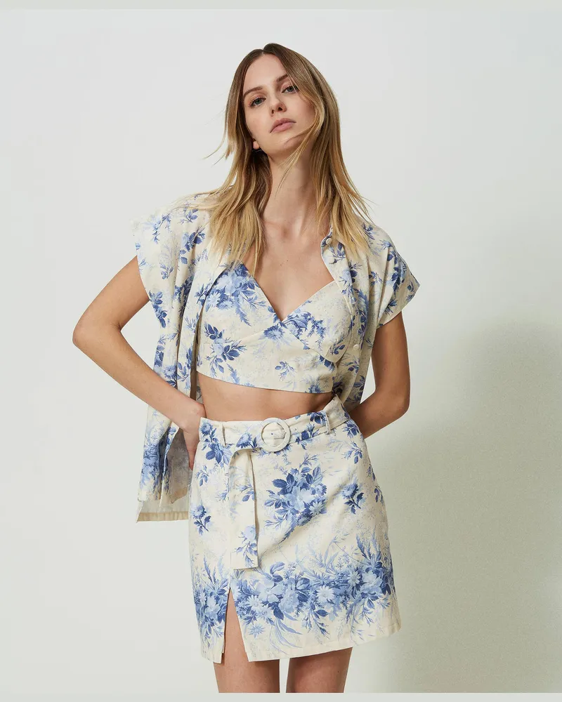 Twin-Set Röcke - Minirock aus Leinenmischung mit Blumenprint, Print Toile de Jouy Elfenbein / Blue Chalcedonie, Größe: 48 