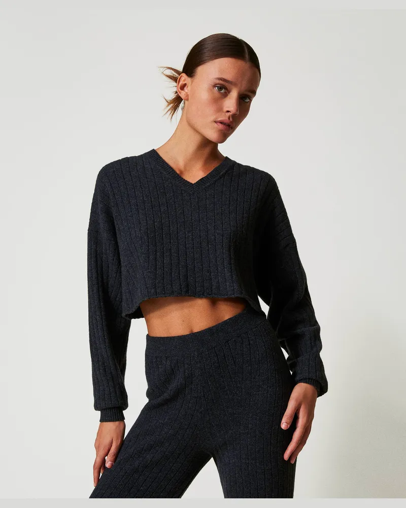 Twin-Set Cropped-Pullover aus Wollmischung, Anthrazitgrau-Melange, Wolle, Größe: XXL 