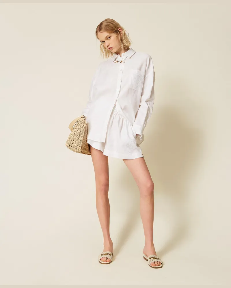 Twin-Set Hosen - Shorts aus Leinen mit gesticktem Logo, Weiß, Größe Weiß