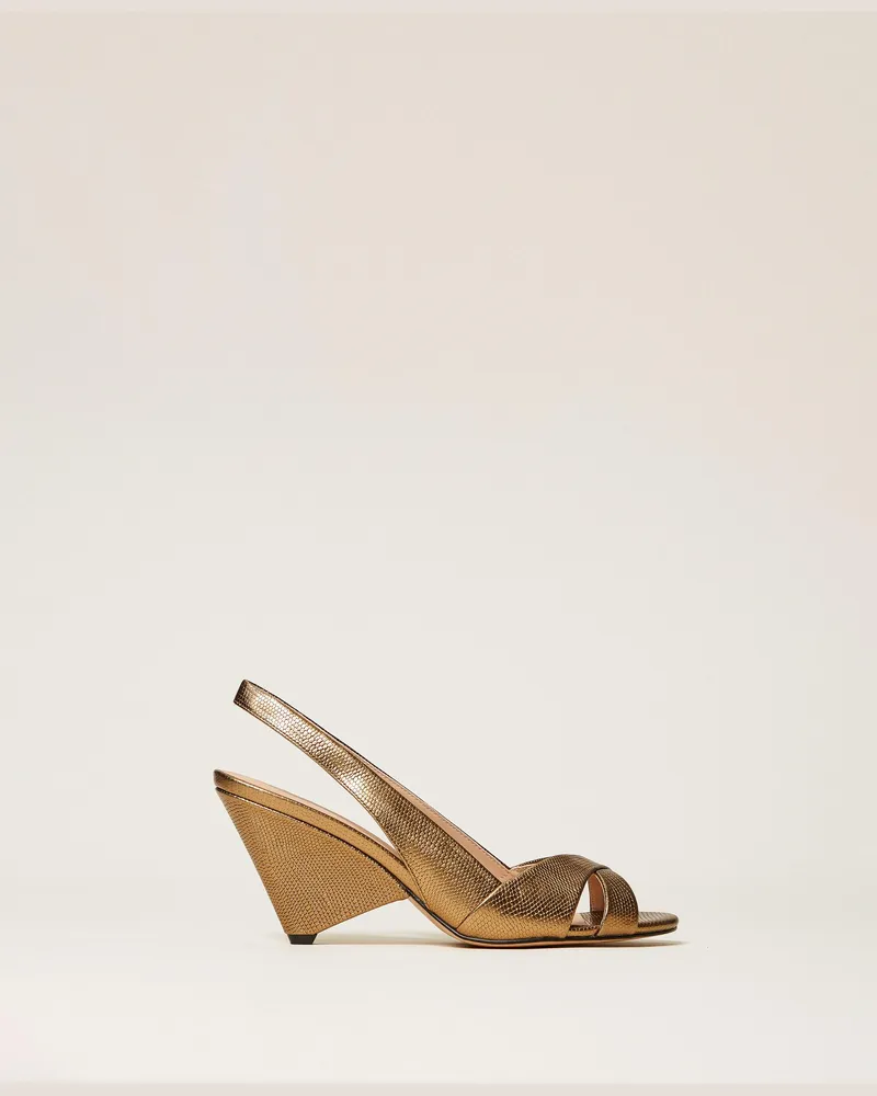 Twin-Set Sandale aus Metallic-Leder, Damen, Karung-Print Gold Karung-print
