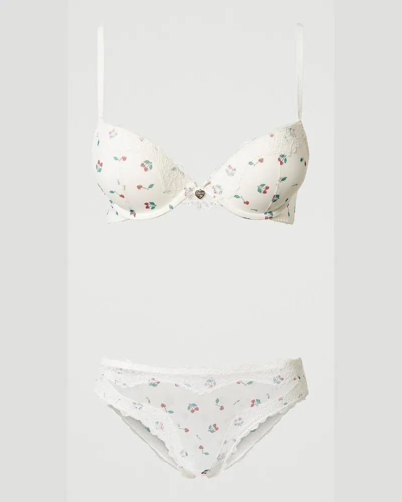 Twin-Set Unterwäsche - Push-up-BH und Brazilian-Slip aus Tüll, Print Cherry / Antique White, Größe: 2-C 