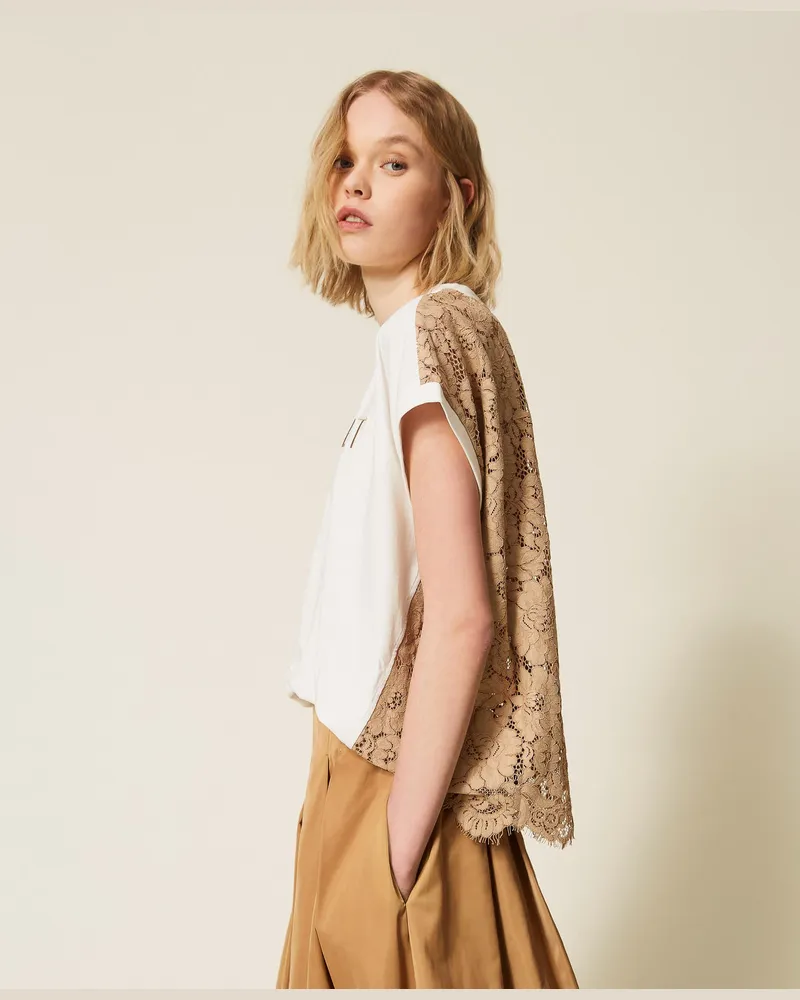 Twin-Set T-Shirts - T-Shirt mit Spitze und gesticktem Logo, Zweifarbig Off White/Incense, Größe Zweifarbig