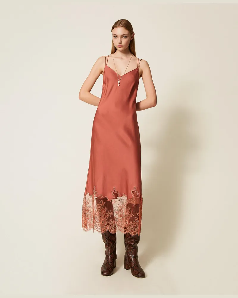 Twin-Set Kleider - Midikleid aus Satin und Spitze, Rostbraun, Größe Rostbraun
