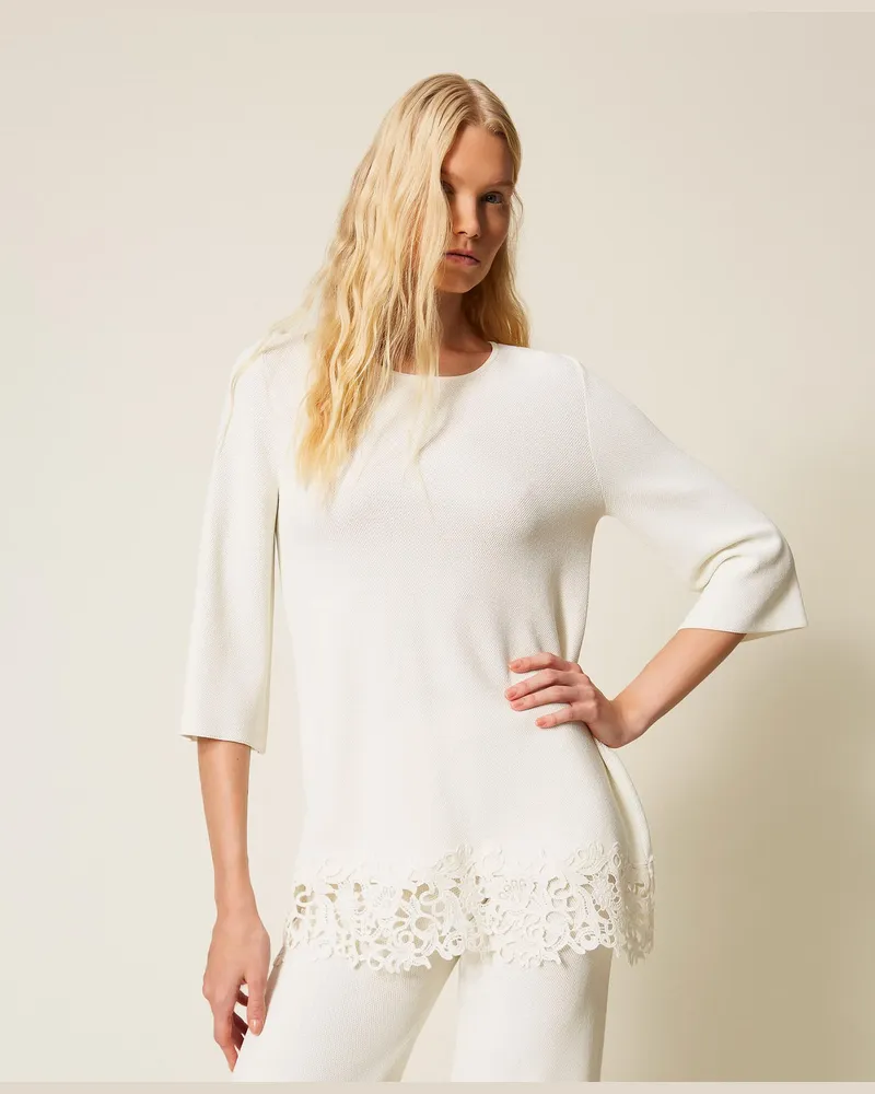 Twin-Set Bademode - Longpullover mit Spitze, Mattweiß, Pizzo, Größe Mattweiß