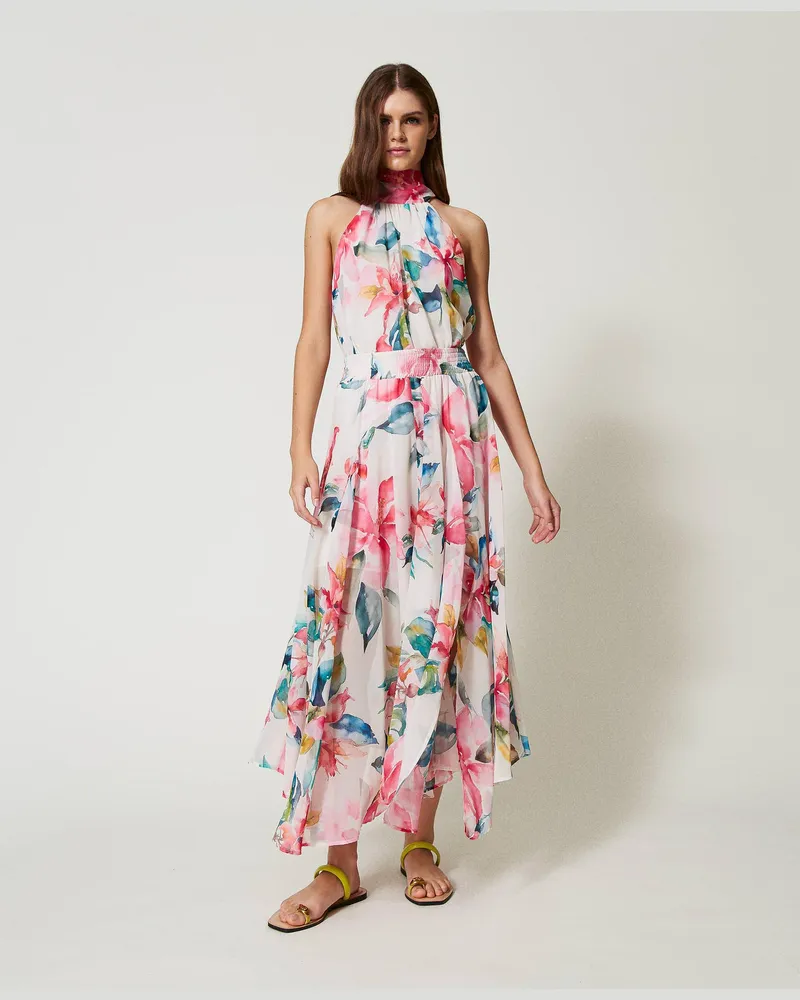 Twin-Set Bademode - Maxirock aus Georgette mit Blumenprint, Blumenprint Perlmutt / Multicolor, Größe: S 