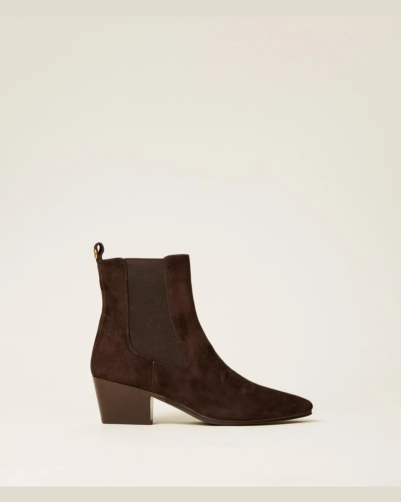 Twin-Set Schuhe - Western-Stiefelette aus Veloursleder, Black Chocolate, Größe Black