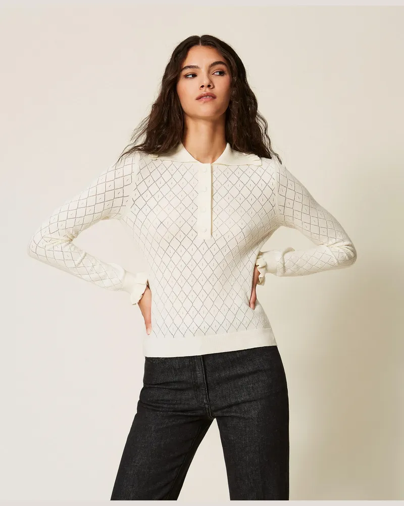 Twin-Set Pullover im Polostil mit Volant, Damen, Weiß Schnee Weiß