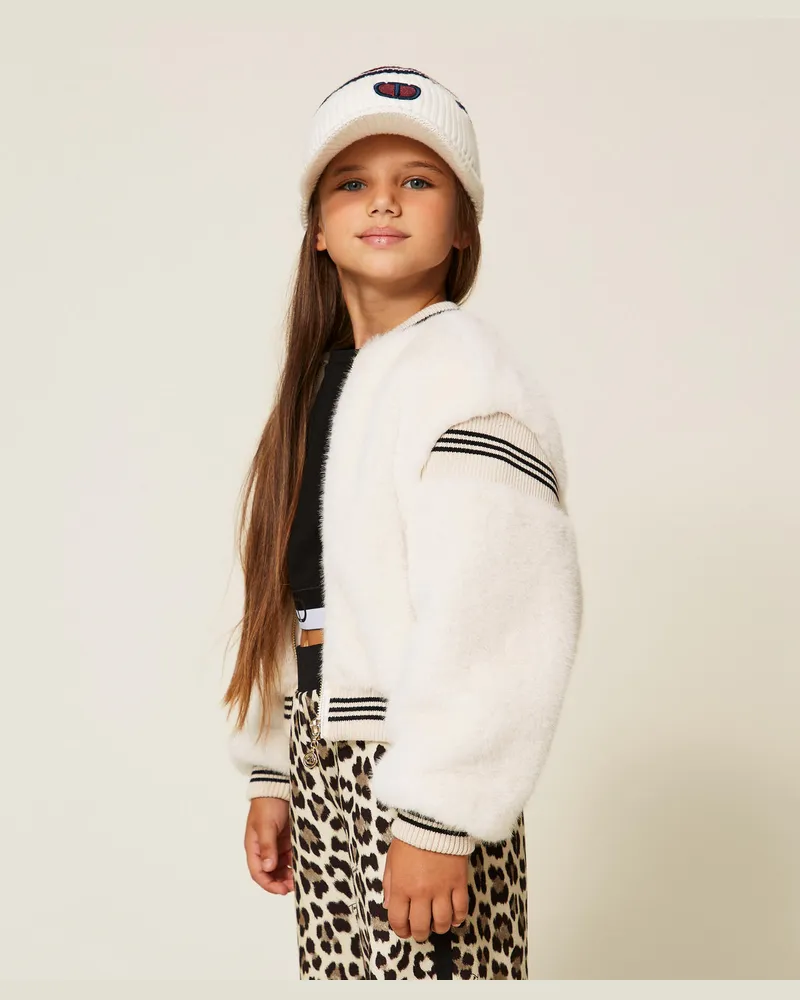 Twin-Set Jacken und Outerwear - Bomberjacke aus Pelzimitat mit gestreiften Rippen, Milk, Größe Milk
