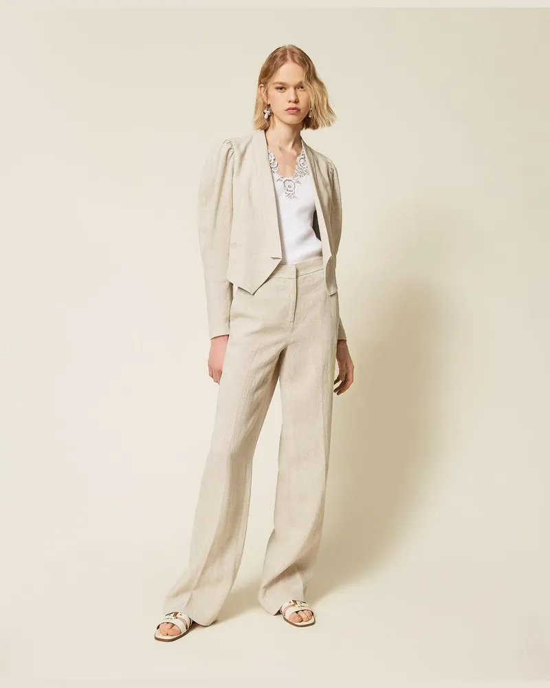 Twin-Set Hosen - Weite Hose aus Leinen mit Lurex, Natural Bright Linen, Größe Natural