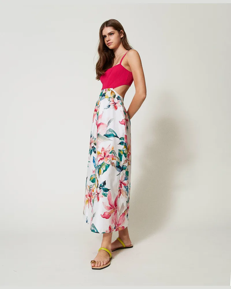 Twin-Set Bademode - Maxistrickkleid mit Blumenprint, Blumenprint Perlmutt / Multicolor, gestreift, Größe: L 