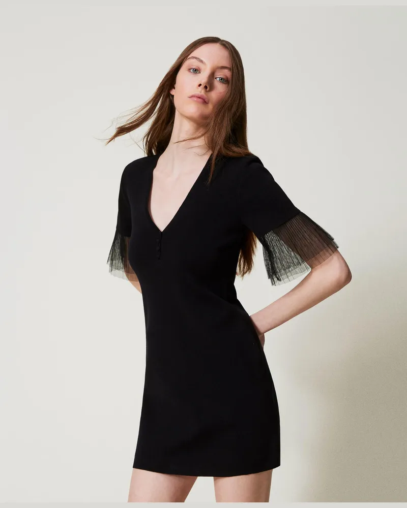 Twin-Set Kleider - Kurzes Strickkleid mit Tüllvolants, Schwarz, Größe Schwarz