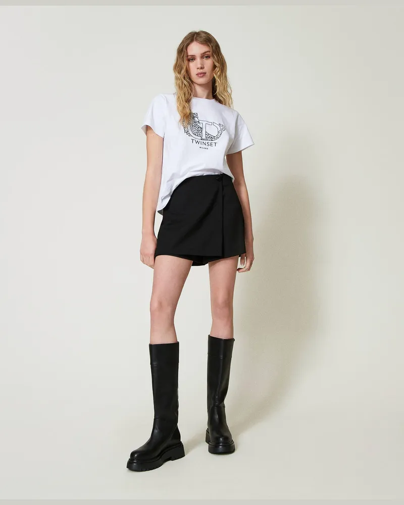 Twin-Set T-Shirts - T-Shirt mit aufgesticktem Logo und Jaguar, Weiß, Größe: XXS 