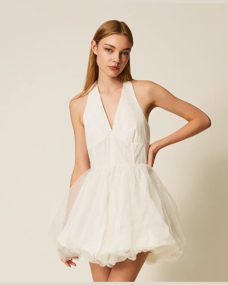 Twin-Set Kleider - Kurzes Kleid aus Taft und Tüll, Perlmutt, Größe Perlmutt