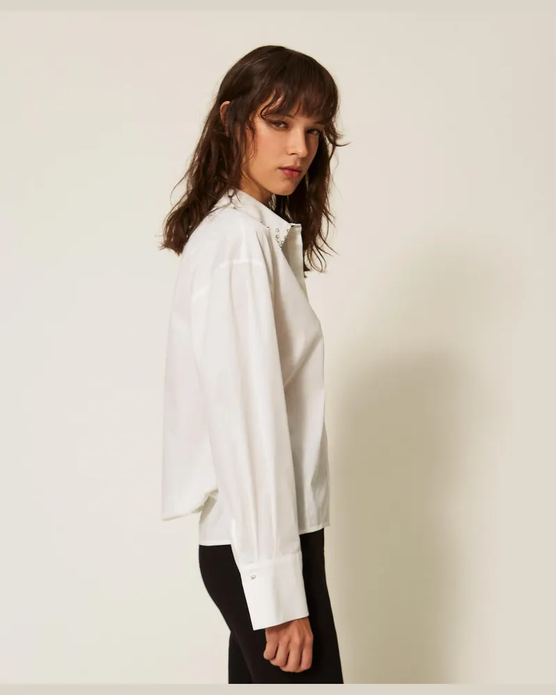 Actitude by Twinset Hemden - Hemdbluse aus Popeline mit Strass, Mattweiß, Baumwolle, Größe Mattweiß