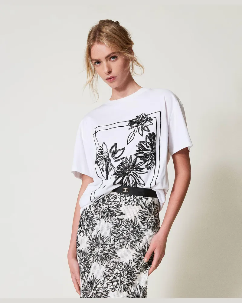 Twin-Set T-Shirts - T-Shirt mit aufgestickten Pailletten, Weiß, Paillettes, Größe: XXL 