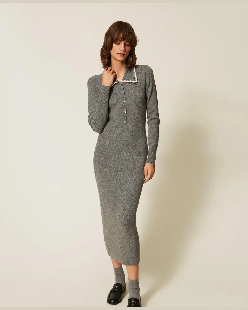 Twin-Set Maxi-Strickkleid mit Häkelkragen, Damen, Mittelgrau-Melange Mittelgrau-melange