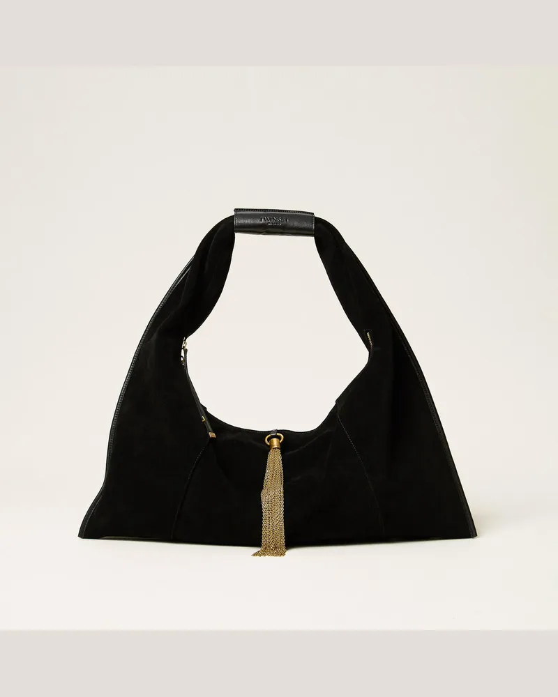 Twin-Set Trapezförmige Hobo-Tasche aus Veloursleder mit Quaste Schwarz