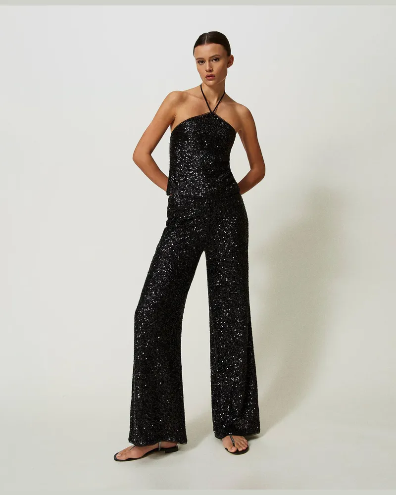 Twin-Set Bademode - Palazzohose mit Alloverpailletten, Schwarz, Paillettes, Größe: XS 