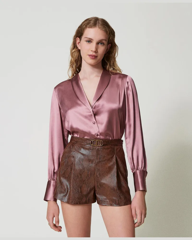 Twin-Set Hemden - Hemd mit Schalkragen, „Ruby Chocolate"-Rosa, Satin, Größe „ruby