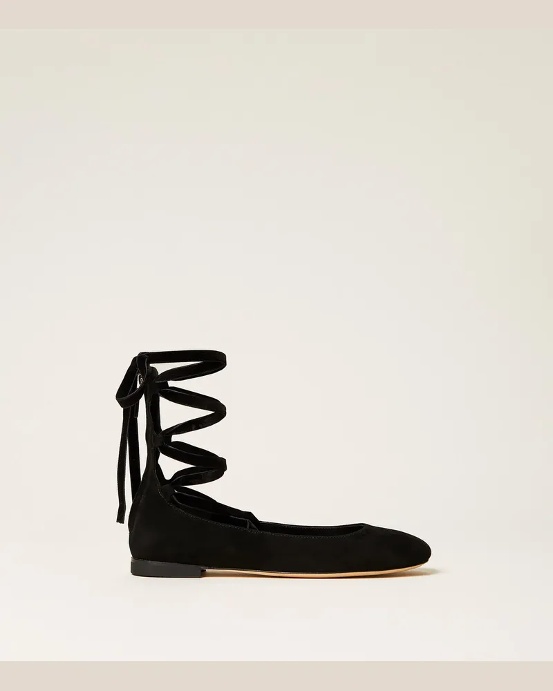 Twin-Set Schuhe - Ballerina aus Veloursleder, Schwarz, Größe Schwarz
