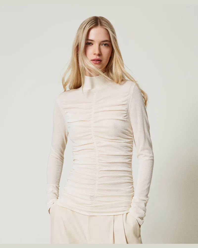 Actitude by Twinset Stehkragenpullover mit Raffungen, Mattweiß, Größe: XS 