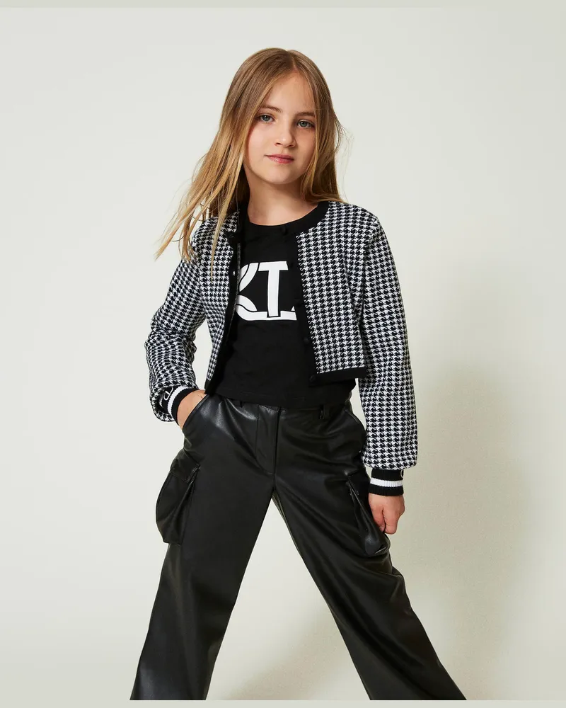 Twin-Set Jacken und Outerwear - Jacke aus Jacquard-Strick mit Hahnentrittmuster, Zweifarbig Off White / Schwarz, Größe Zweifarbig