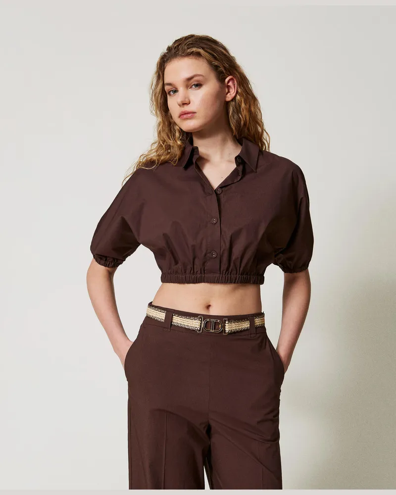 Twin-Set Blusen - Cropped-Bluse aus Popeline, Kaffee, Baumwolle, Größe Kaffee