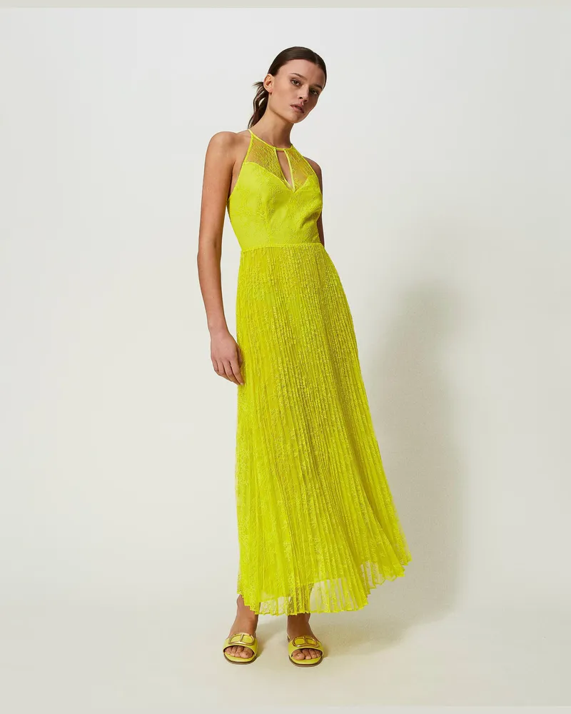 Twin-Set Kleider - Maxikleid aus Georgette und Spitze, „Light Lemon"-Gelb, Größe „light
