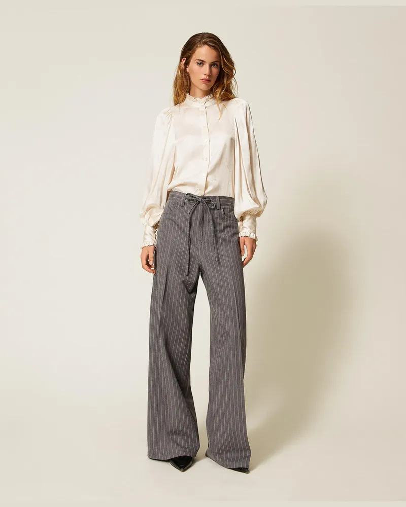 Twin-Set Hosen - Nadelstreifenhose aus Wollmischung, Pinstripe Grau-Melange / Schneeweiß, Gestreift, Größe Pinstripe