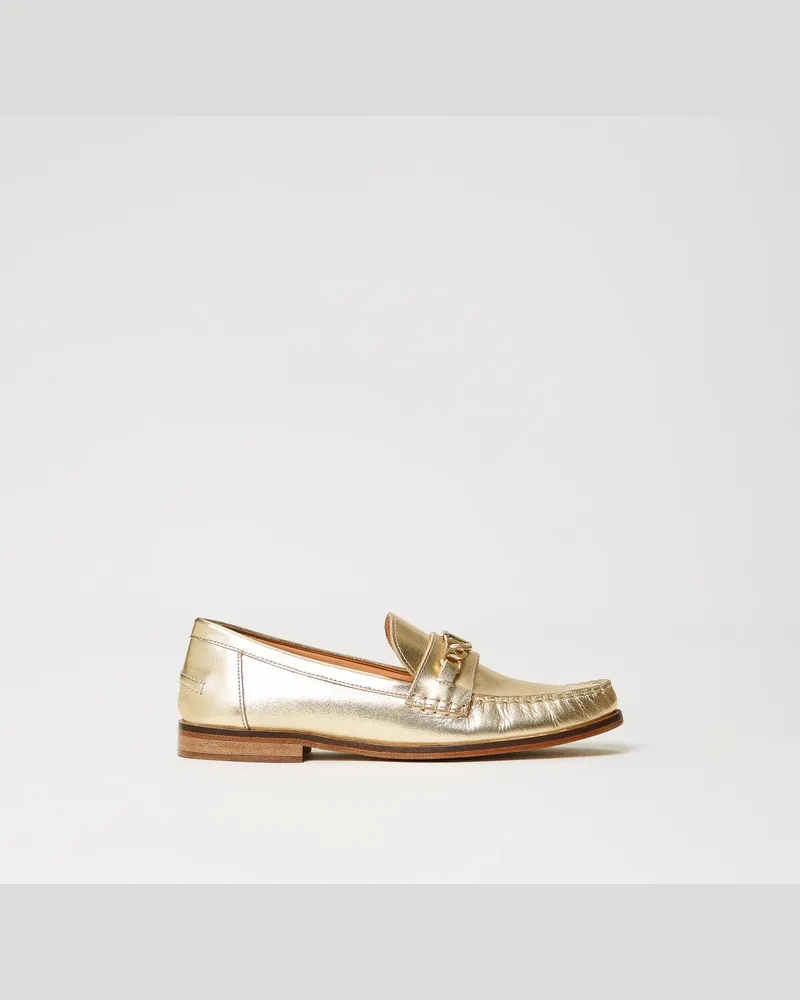 Twin-Set Schuhe - Ledermokassin mit „Oval T"-Ziertrense, Gelbgold, Größe Gelbgold
