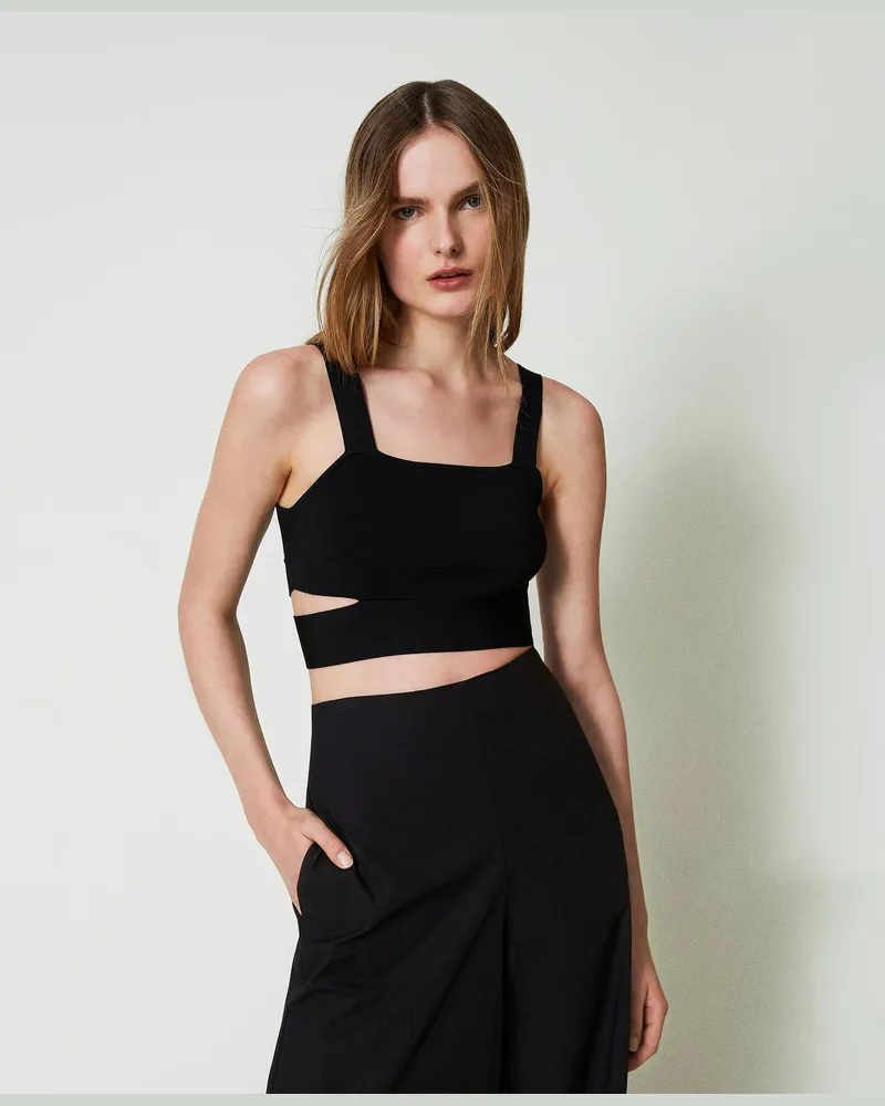Twin-Set Tops - Crop-Top aus Gestrick mit Cut-outs, Schwarz, Größe: XL 