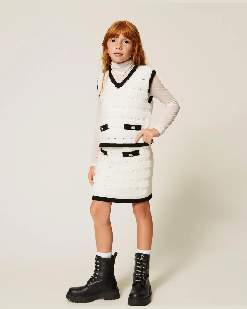 Twin-Set Kurzer Strickrock mit Knöpfen und Profilen, Damen, Zweifarbig Schneeweiß / Schwarz Zweifarbig