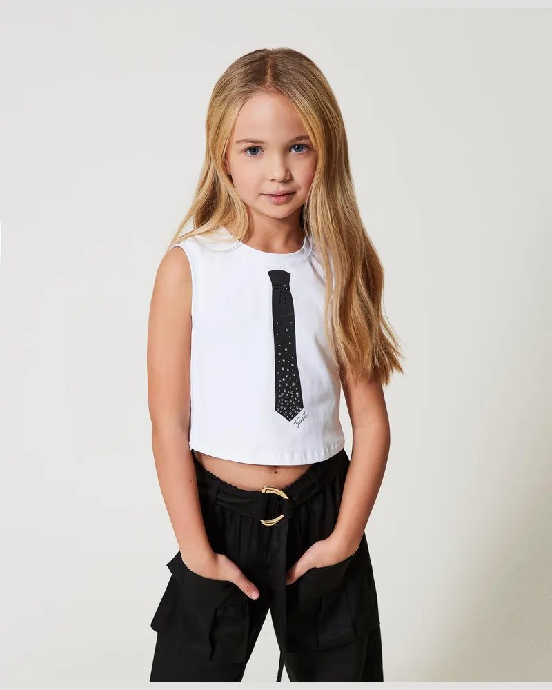 Twin-Set Tops - Crop-Top mit Print und Strass, Print Krawatte / Ice, Baumwolle, Größe: 8A 