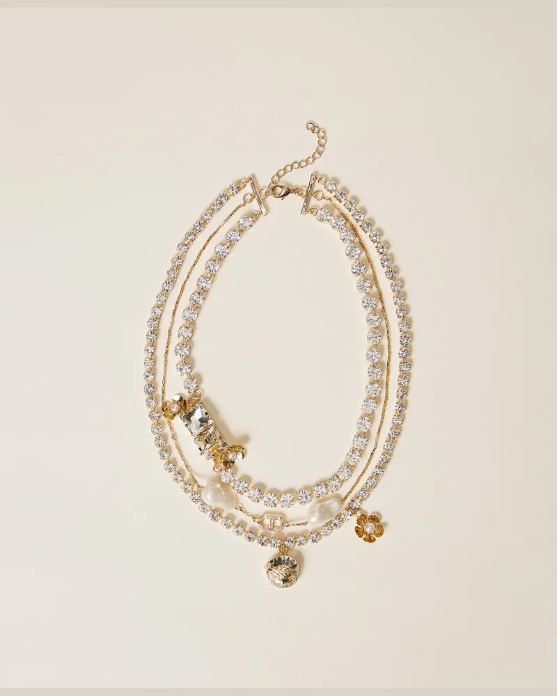 Twin-Set Accessoires - Halsnahe Kette mit Strass und Blumen, New Gold, Einheitsgröße New