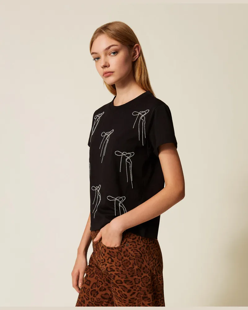 Actitude by Twinset T-Shirts - T-Shirt mit Stickschleife, Schwarz, Strass, Größe: XS 