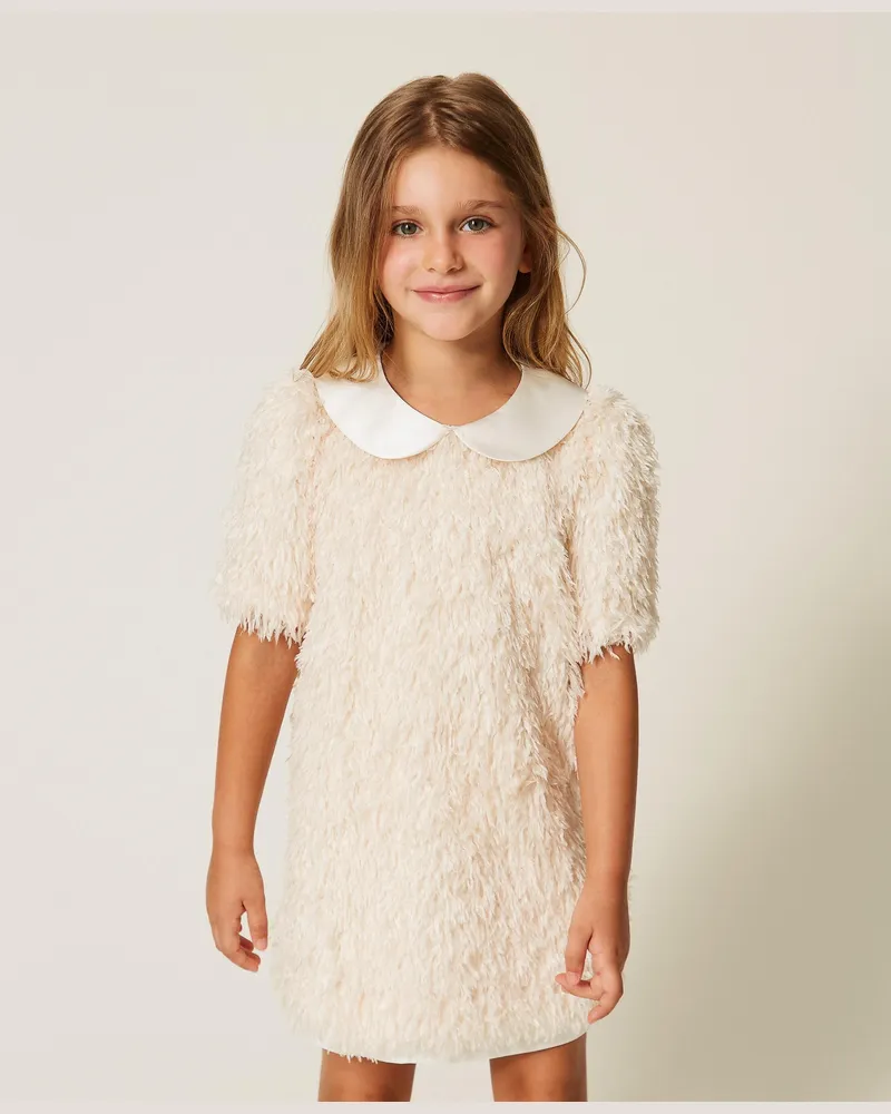 Twin-Set Kurzes Babykleid mit Satinkragen, Damen, Weiß Schnee Weiß
