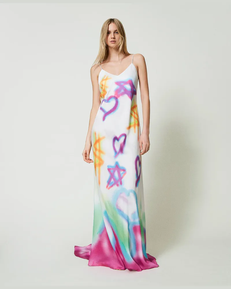 Actitude by Twinset Kleider - MYFO Maxikleid aus Satin mit Print, Multicolor Spray, Größe Multicolor